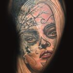 surrealism portrait of womens face tattoo by donavan moore