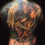 surrealism demon and woman embrace tattoo by donavan moore