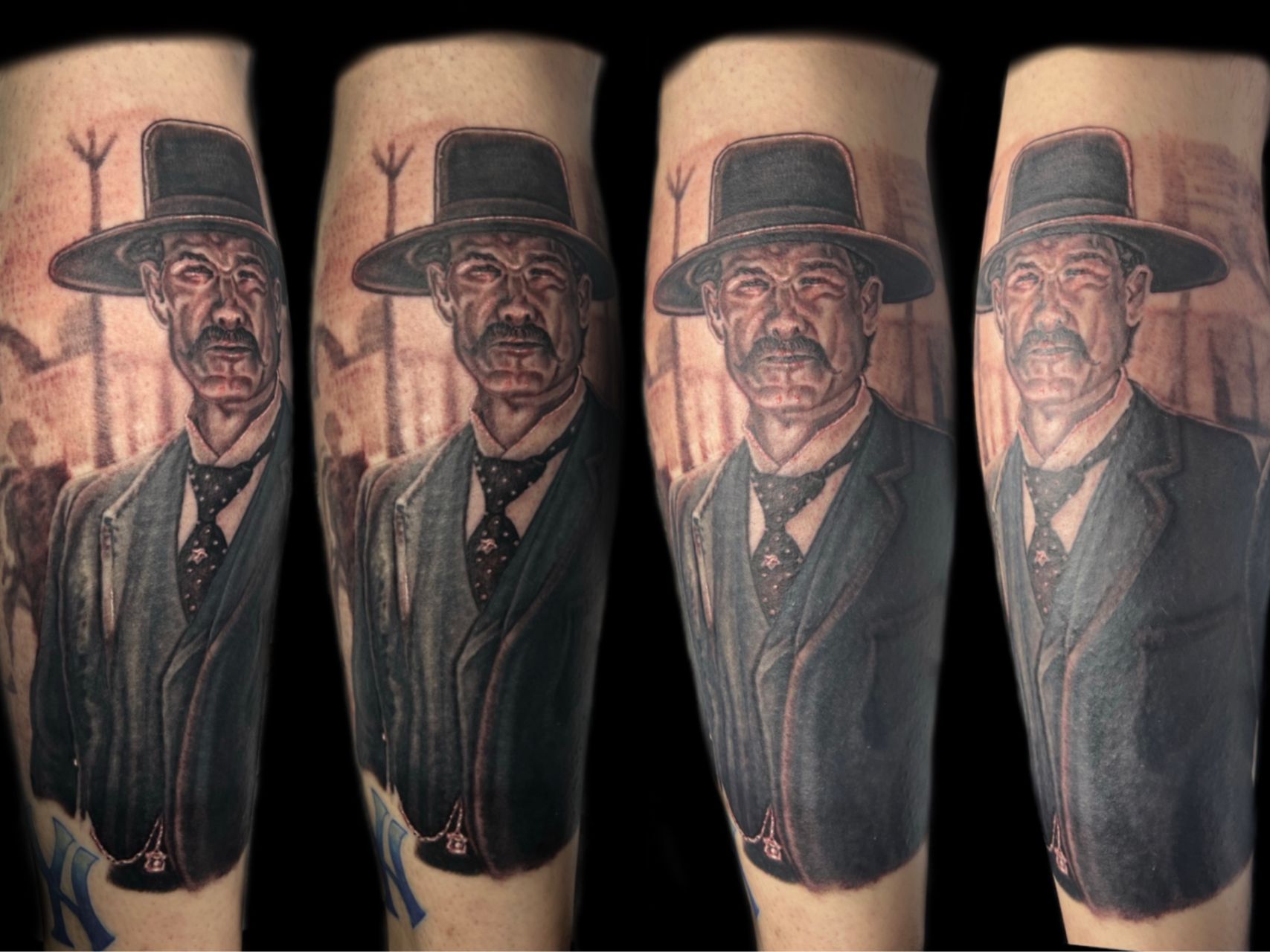 realism portrait of old western man tattoo by donavan moore