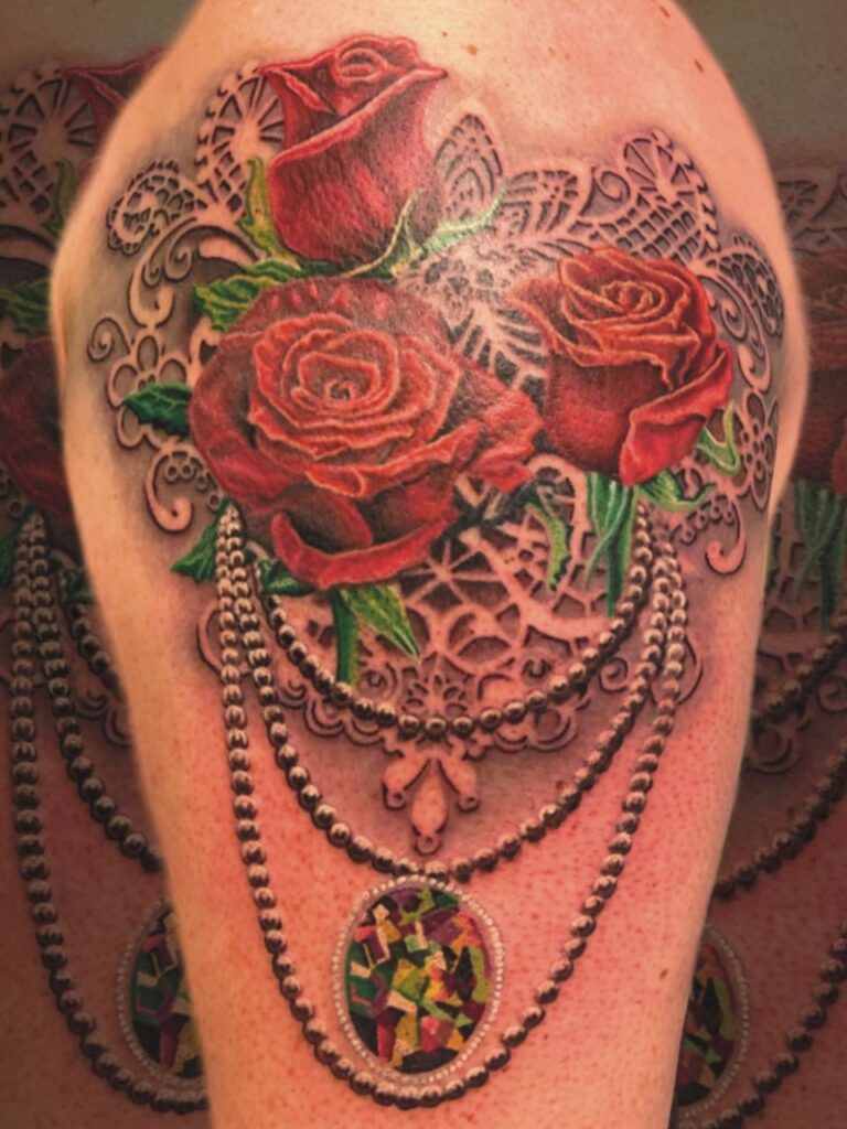 Neo Traditional tattoo by Donavan Moore of roses and pears in Kelowna, BC.