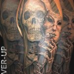 A realism tattoo of a skull wearing a mask of a lady tattoo by Donavan Moore in Kelowna, BC.