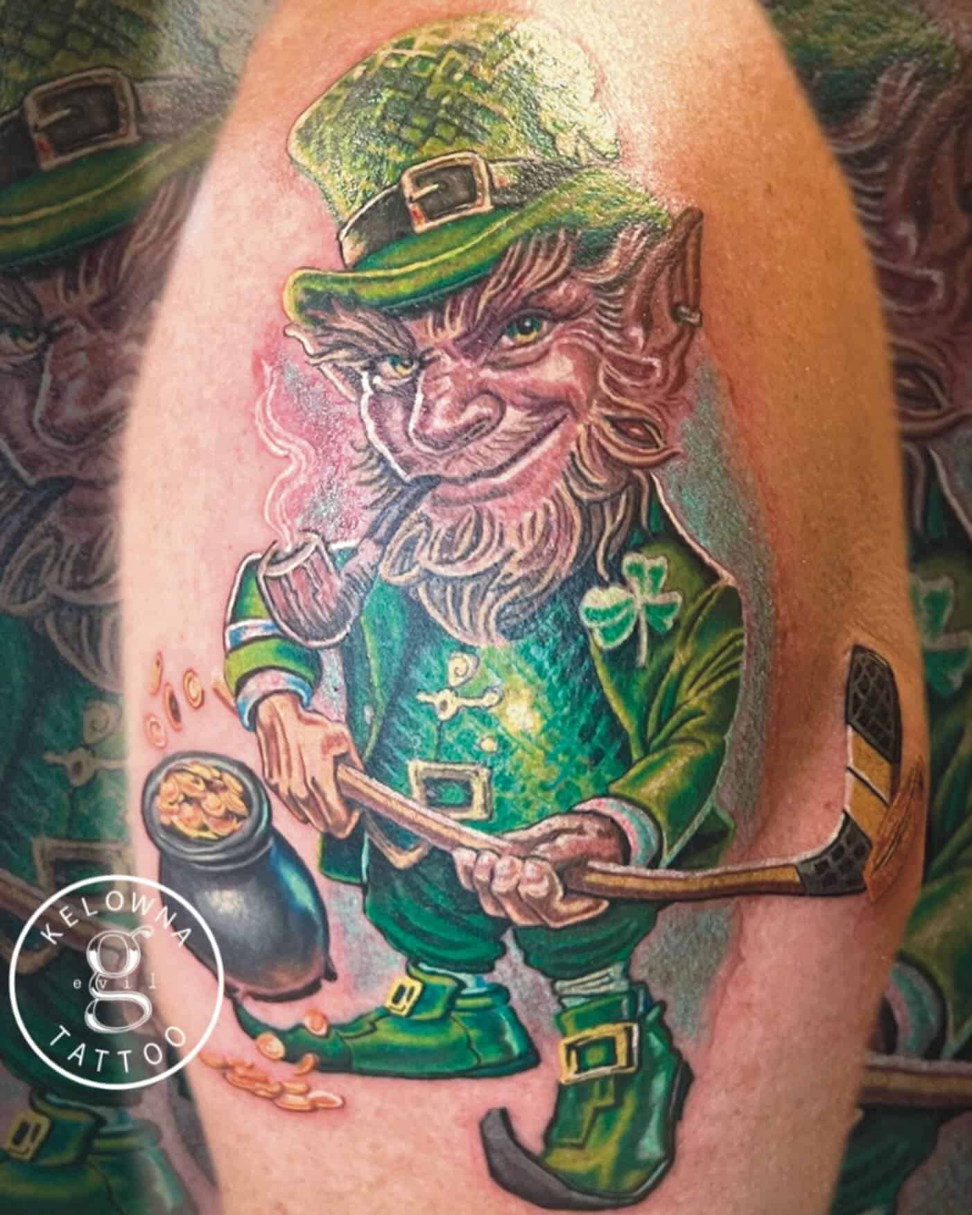 A whimsical new school tattoo of a mischievous Leprechaun holding a hockey stick by Donavan Moore.