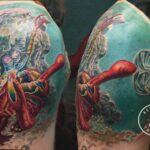 A wild mantis shrimp color tattoo by Donavan More.