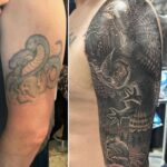 A tattoo cover up featuring an owl hunting a mouse in the forest completed in realism style by Donavan Moore.