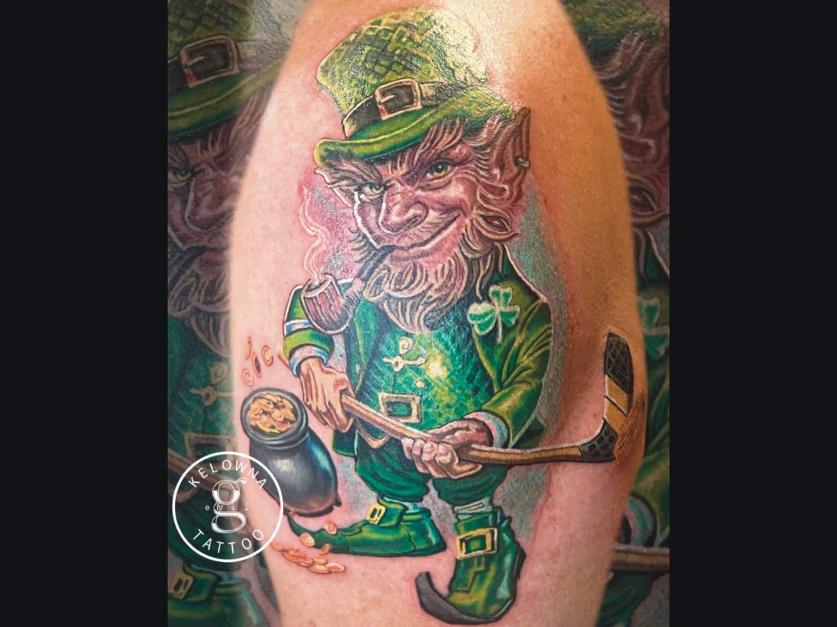 A whimsical new school tattoo of a mischievous Leprechaun holding a hockey stick by Donavan Moore.